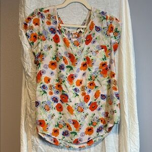 Joie Silk Floral Cap-Sleeve Blouse in White with Red & Blue Poppy Print